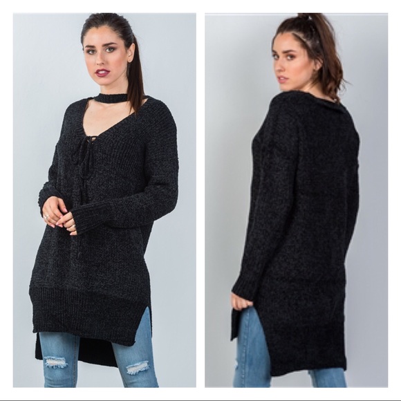 BLACK KEYHOLE CHOKER SWEATER DRESS - Picture 2 of 7